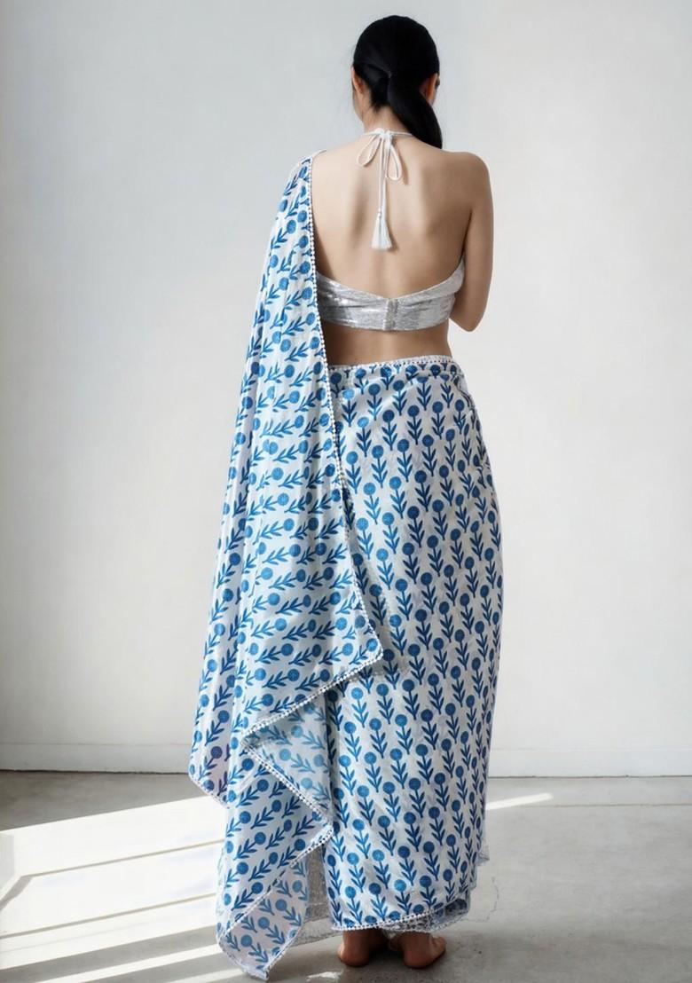 Blue Embroidered Blended Saree Set - Indya