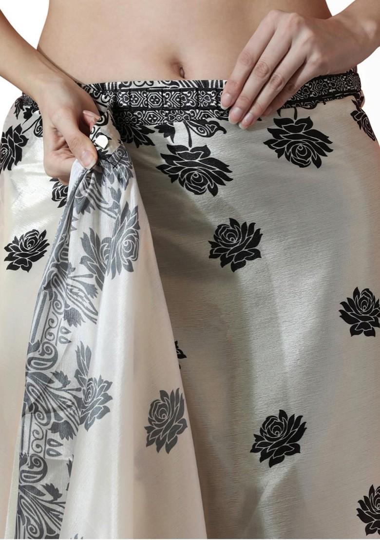 Cream Floral Print Blended Saree Set - Indya