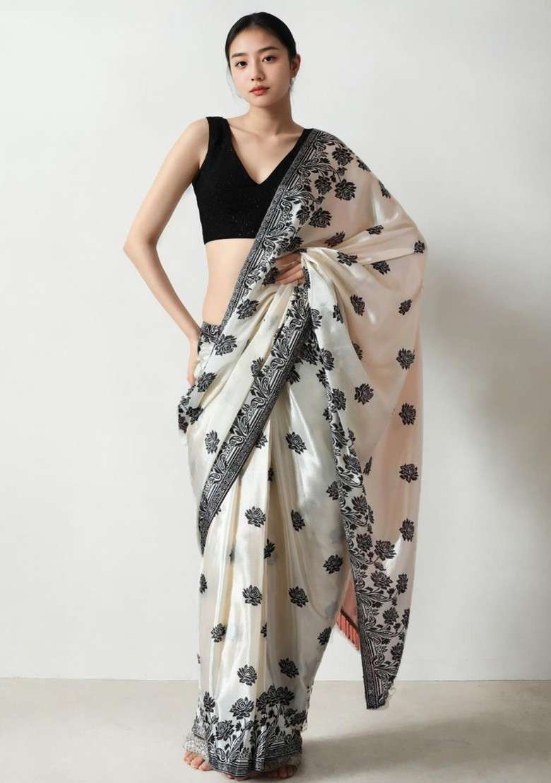 Cream Floral Print Blended Saree Set for Diwali and Festive Wear - Indya
