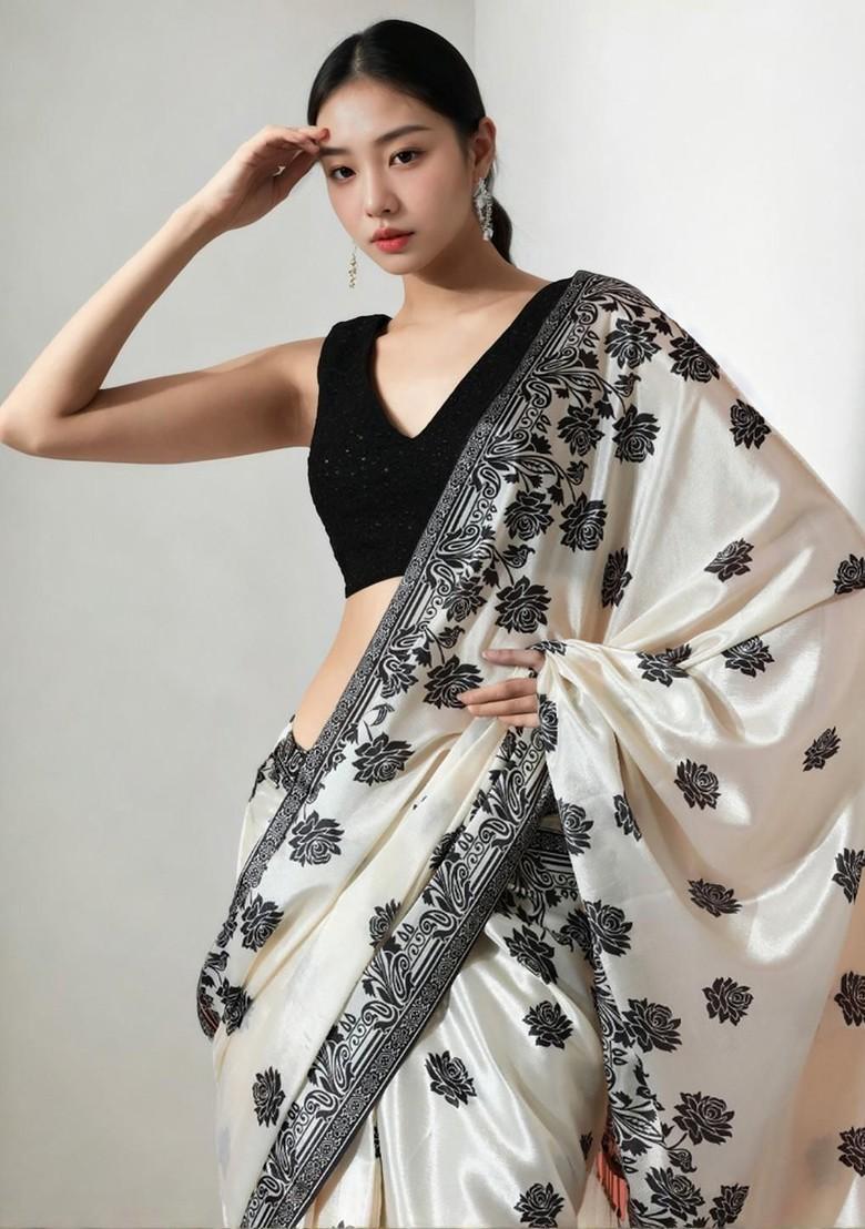 Cream Floral Print Blended Saree Set - Indya