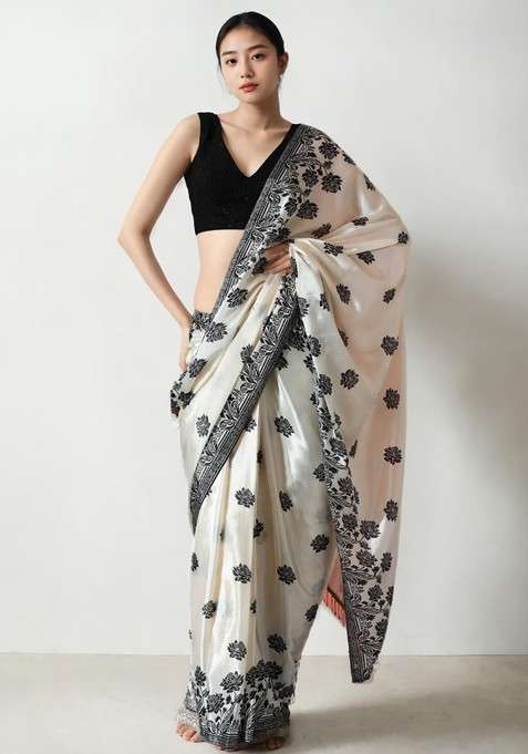 Cream Floral Print Blended Saree Set for Diwali and Festive Wear