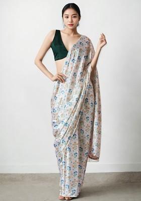 Off White Printed Blended Saree Set