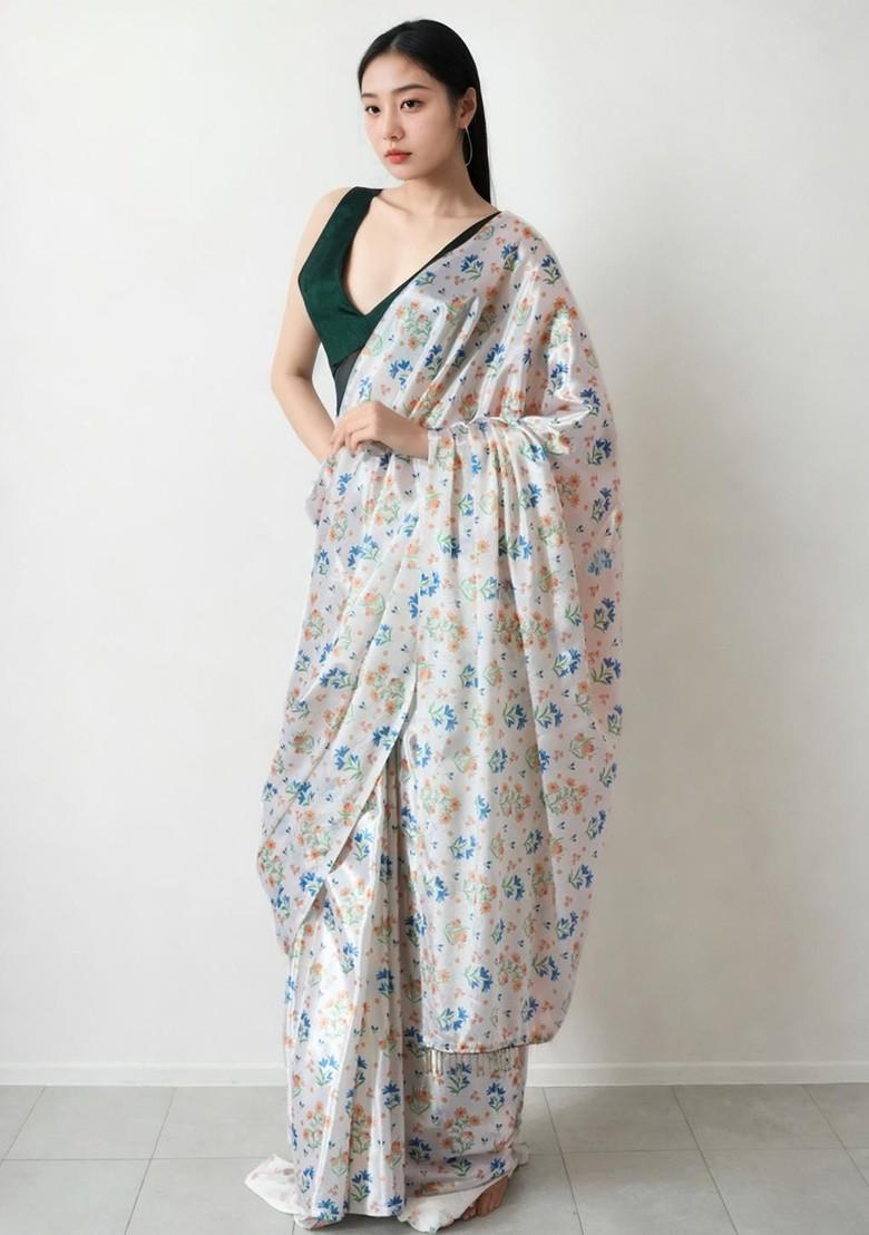 Off White Printed Blended Saree Set - Indya