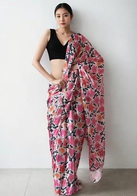 Magenta Printed Blended Saree Set