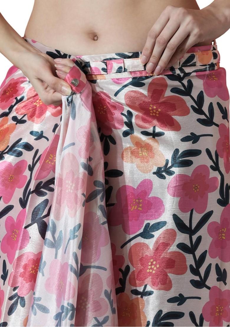 Magenta Printed Blended Saree Set - Indya