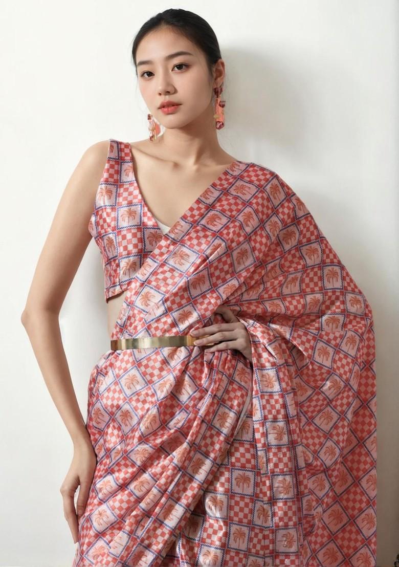 Pink Embroidered Blended Saree Set - Indya