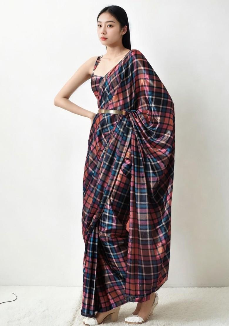 Blue Embroidered Blended Saree Set - Indya