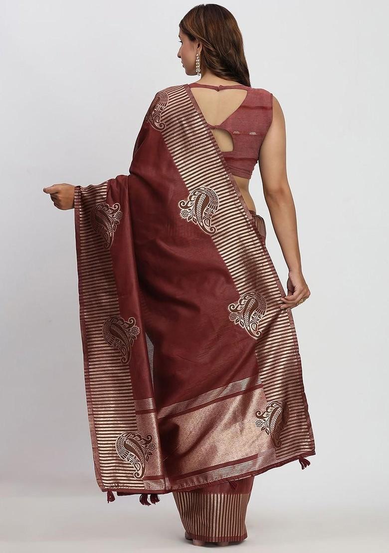 Maroon Zari Printed Blended Saree Set - Indya