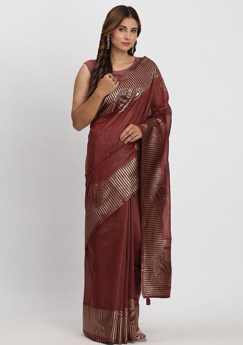 Maroon Zari Printed Blended Saree Set - Indya