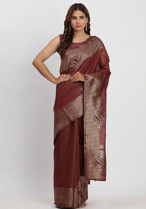 Maroon Zari Printed Blended Saree Set