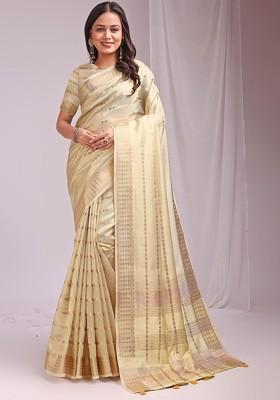 Cream Zari Printed Blended Saree Set