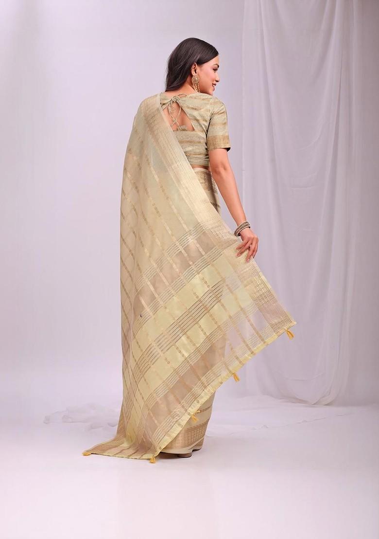Cream Zari Printed Blended Saree Set - Indya