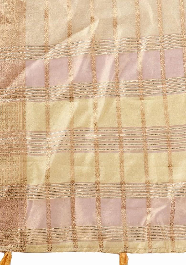 Cream Zari Printed Blended Saree Set - Indya