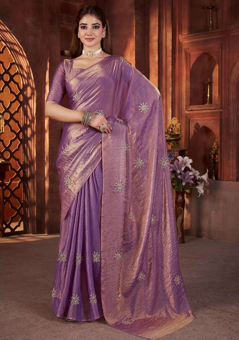 Lavender Blended Saree Set with Floral Print for Diwali | Wedding & Festive Wear - Indya