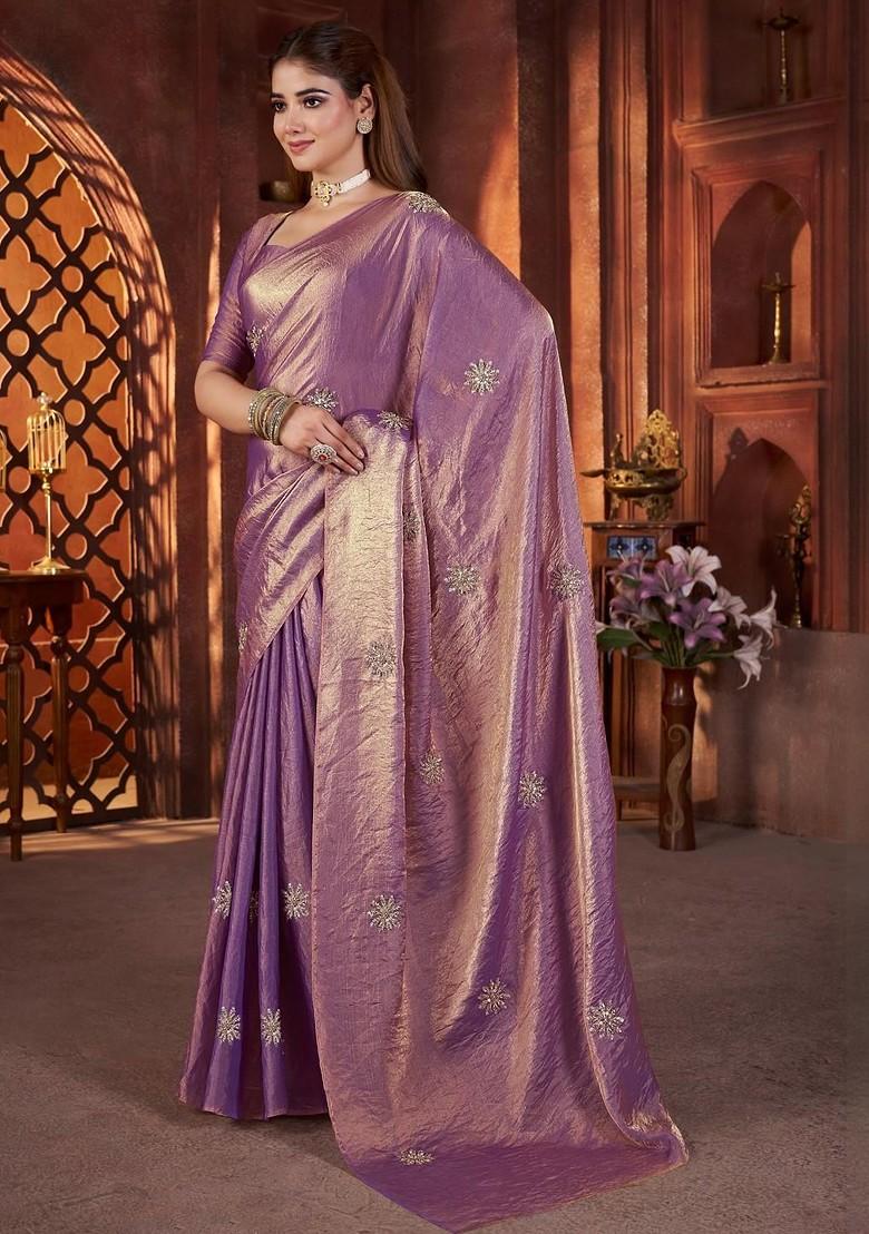 Lavender Floral Print Blended Saree Set - Indya