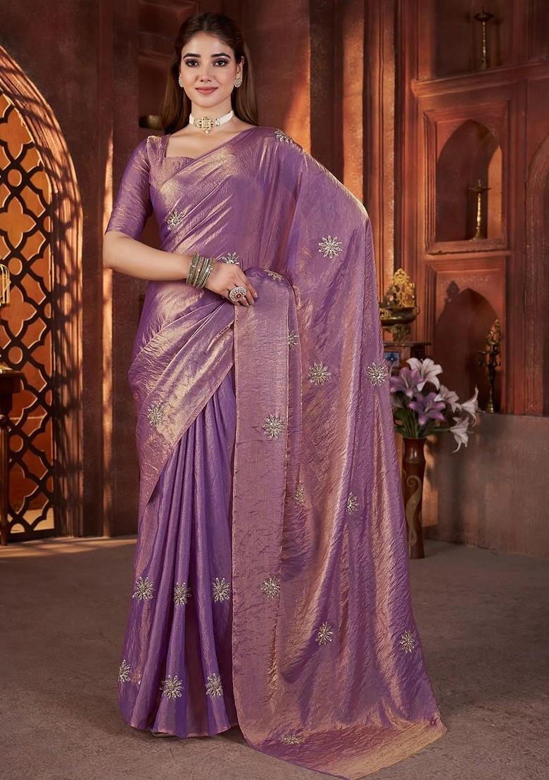 Lavender Floral Print Blended Saree Set - Indya