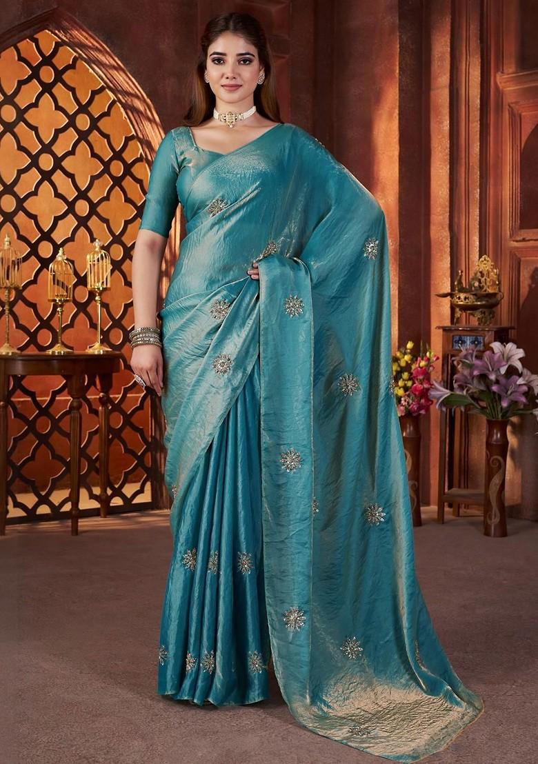 Blue Embellished Blended Saree Set - Indya