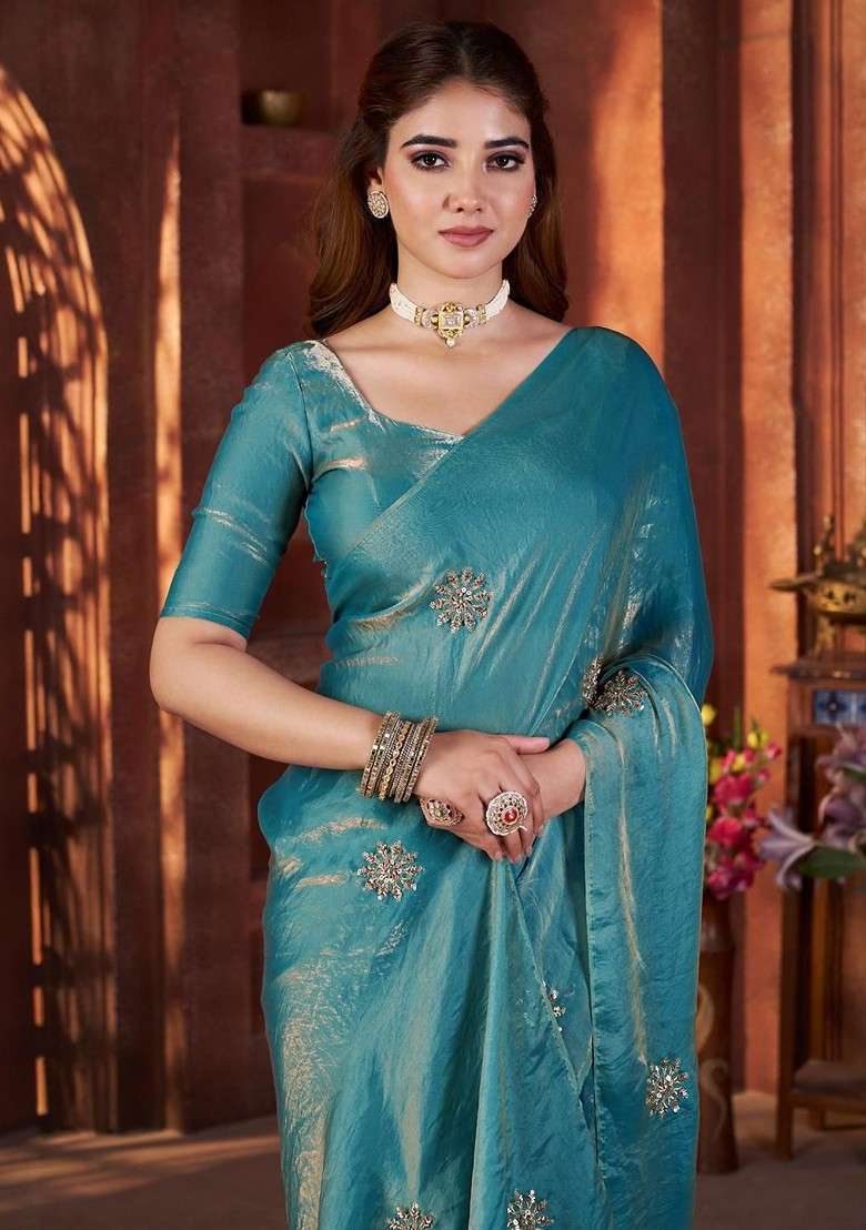 Blue Embellished Blended Saree Set for Diwali | Wedding & Festive Wear - Indya