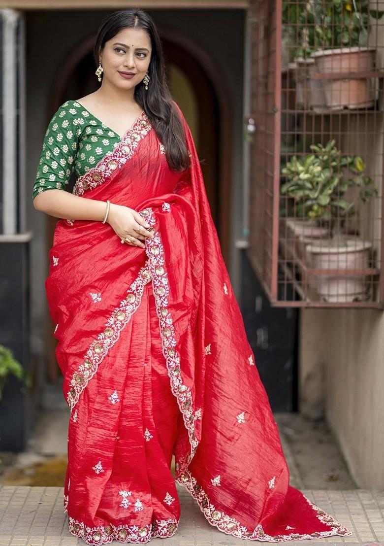 Red Zari Printed Blended Saree Set - Indya