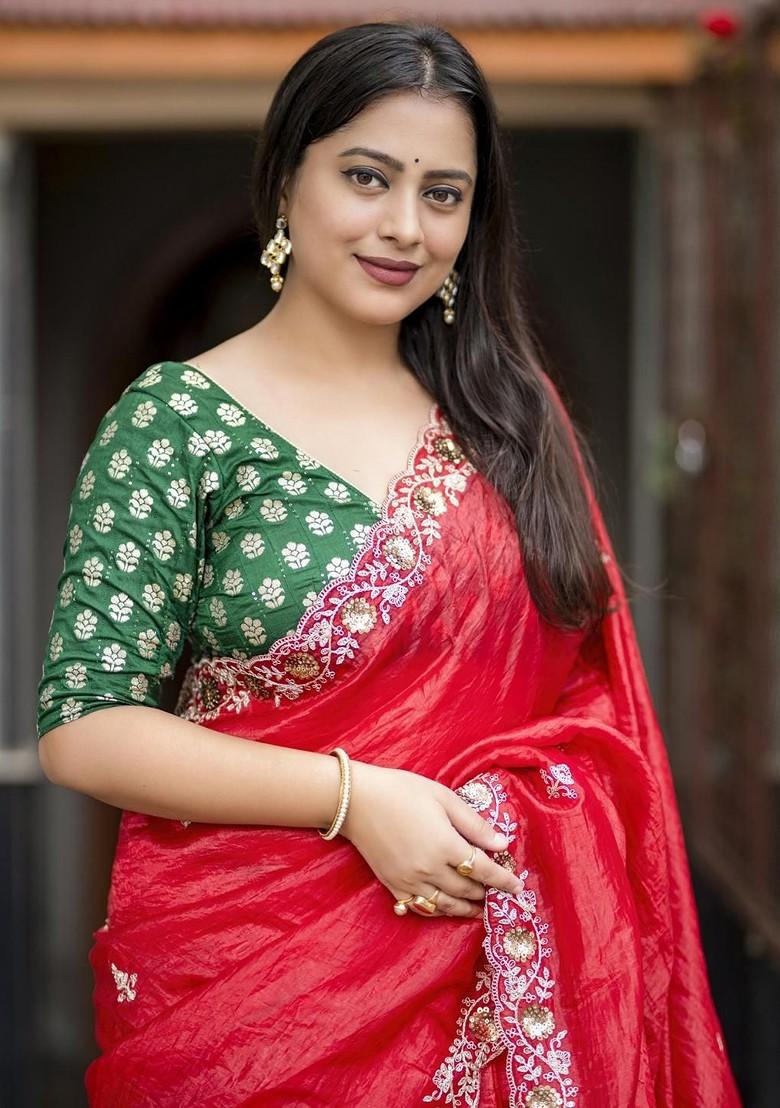 Red Zari Printed Blended Saree Set - Indya