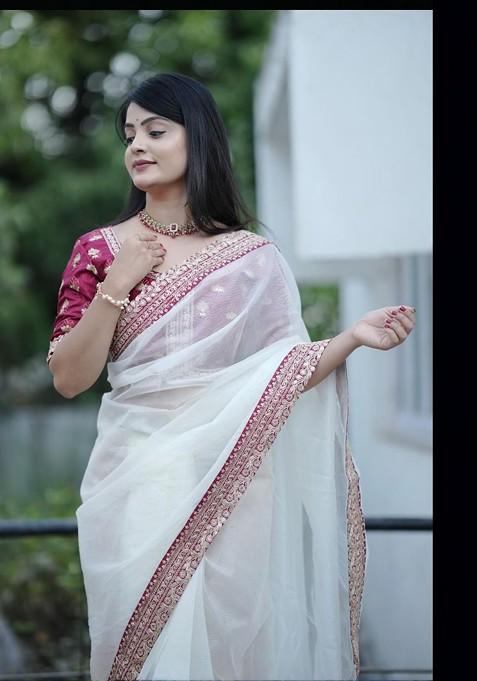 White Zari Printed Blended Saree Set