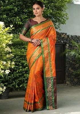 Orange Zari Printed Blended Saree Set