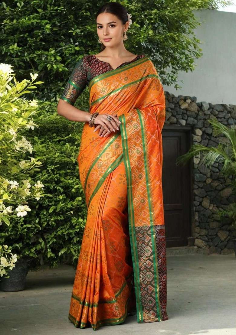 Orange Zari Printed Blended Saree Set - Indya