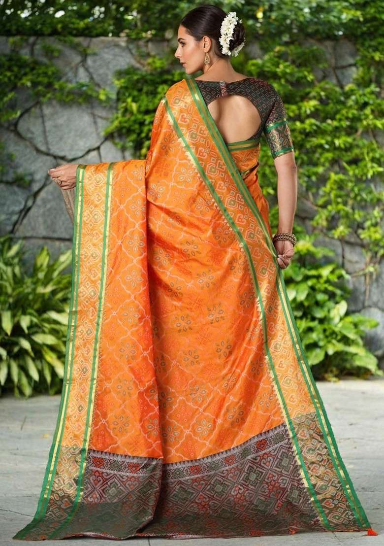 Orange Zari Printed Blended Saree Set - Indya