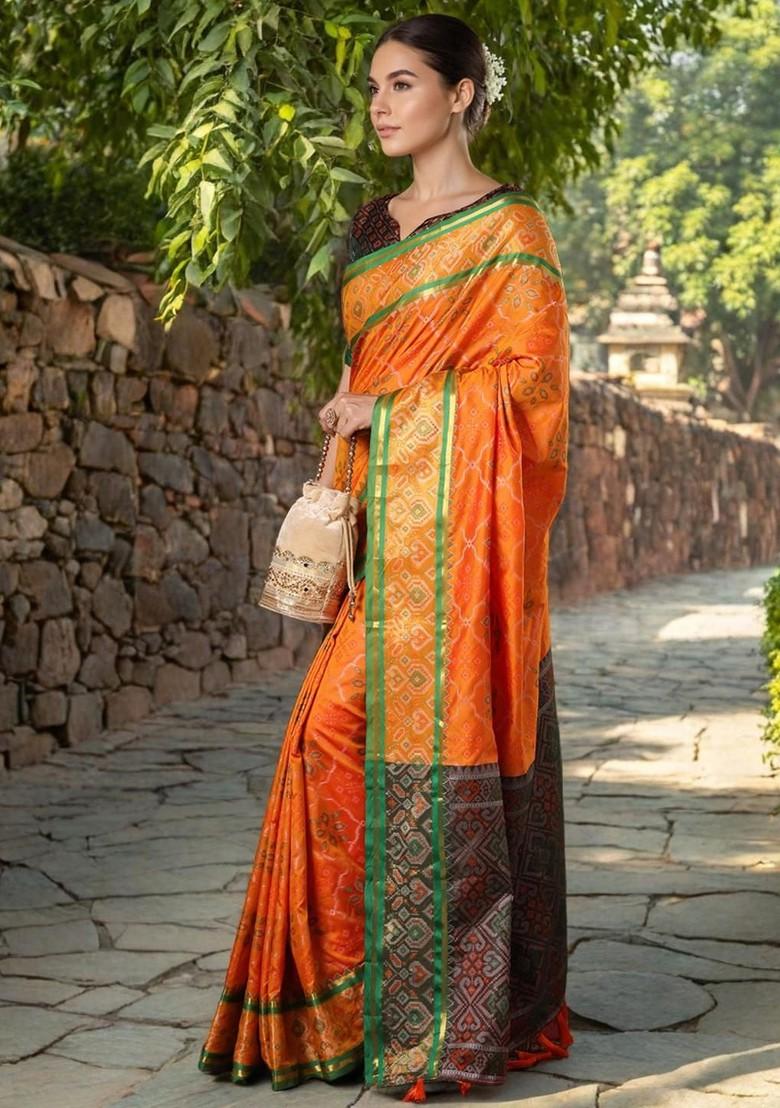 Orange Zari Printed Blended Saree Set - Indya