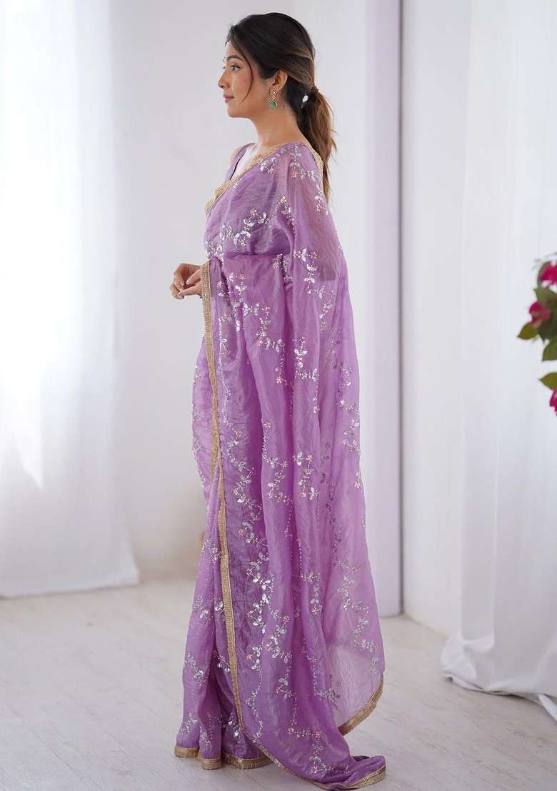 Lavender Embellished Blended Saree Set for Diwali | Wedding & Festive Wear - Indya