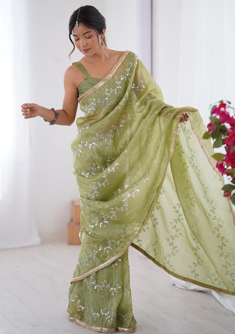 Green Embroidered Blended Saree Set - Indya