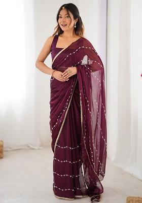 Purple Embellished Blended Saree Set