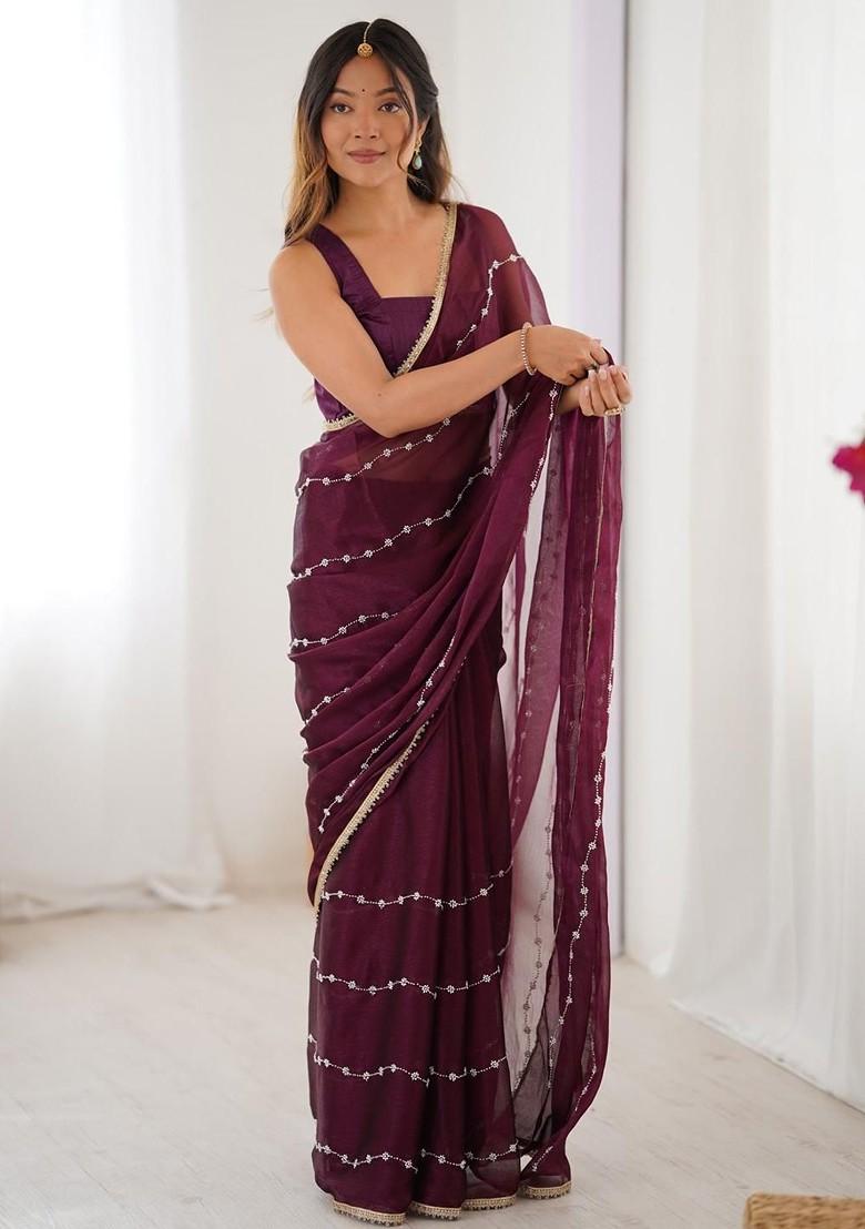 Purple Embellished Blended Saree Set - Indya