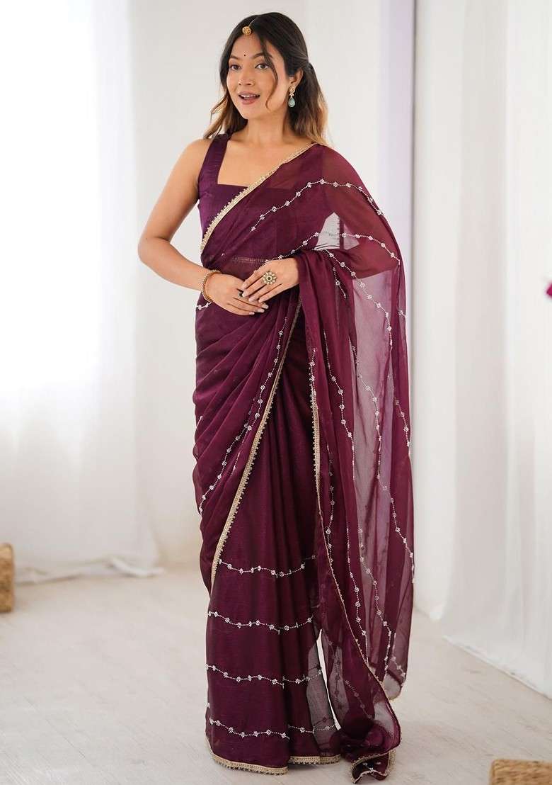 Purple Embellished Blended Saree Set for Diwali and Festive Wear - Indya