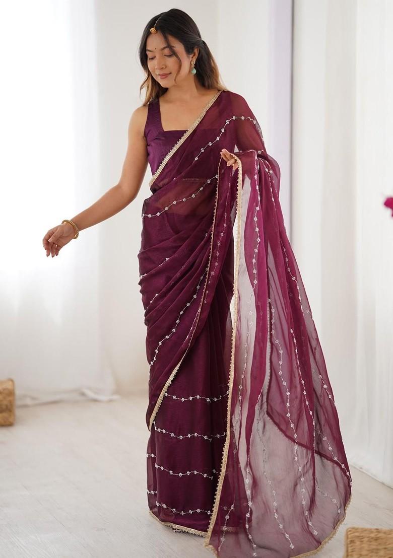 Purple Embellished Blended Saree Set - Indya