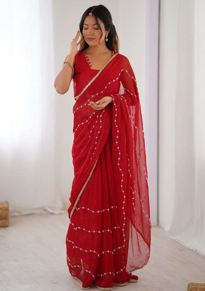 Red Embellished Blended Saree Set for Diwali | Wedding & Festive Wear - Indya