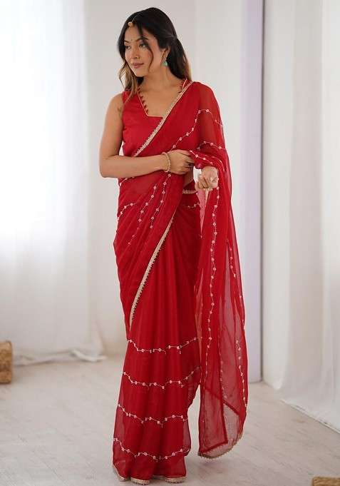 Red Embellished Blended Saree Set for Diwali | Wedding & Festive Wear