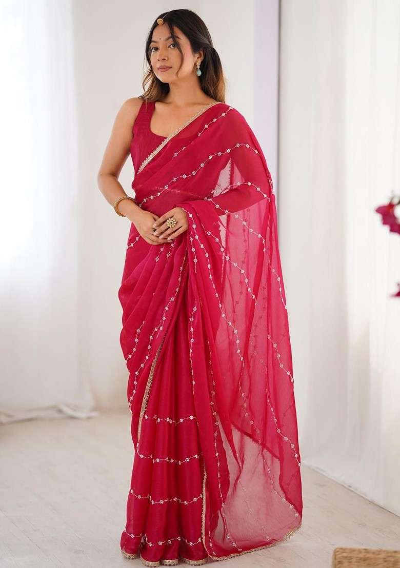 Pink Embellished Blended Saree Set for Diwali | Wedding & Festive Wear - Indya