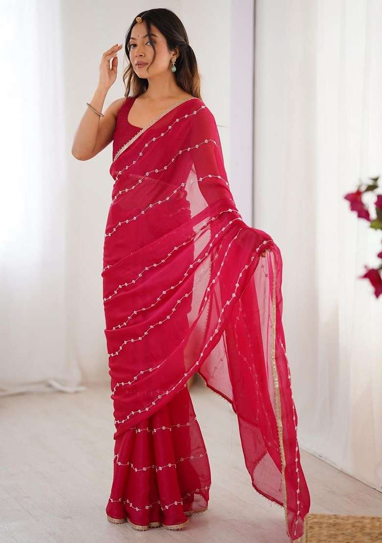 Pink Embellished Blended Saree Set for Diwali | Wedding & Festive Wear - Indya