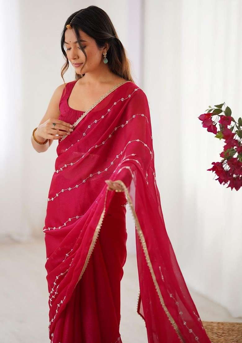 Pink Embellished Blended Saree Set for Diwali | Wedding & Festive Wear - Indya