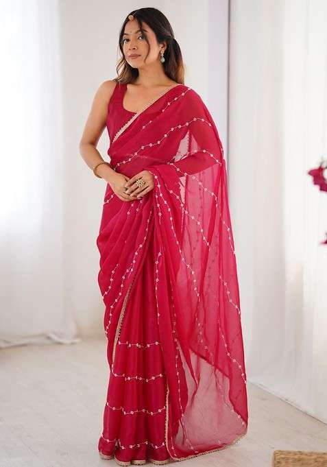 Pink Embellished Blended Saree Set for Diwali | Wedding & Festive Wear