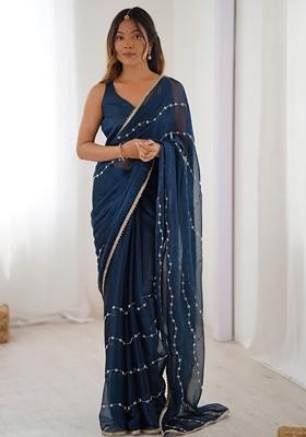 Blue Embellished Blended Saree Set