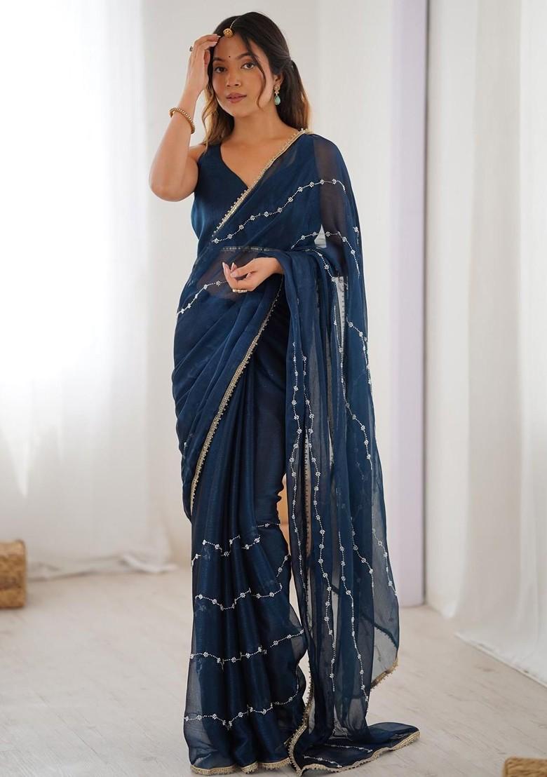Blue Embellished Blended Saree Set - Indya