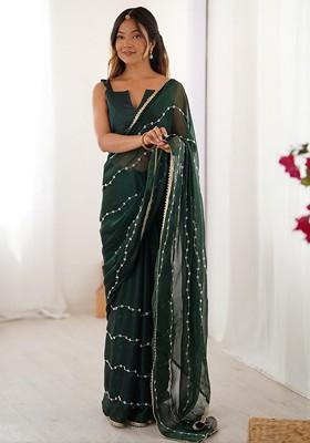 Green Embellished Blended Saree Set