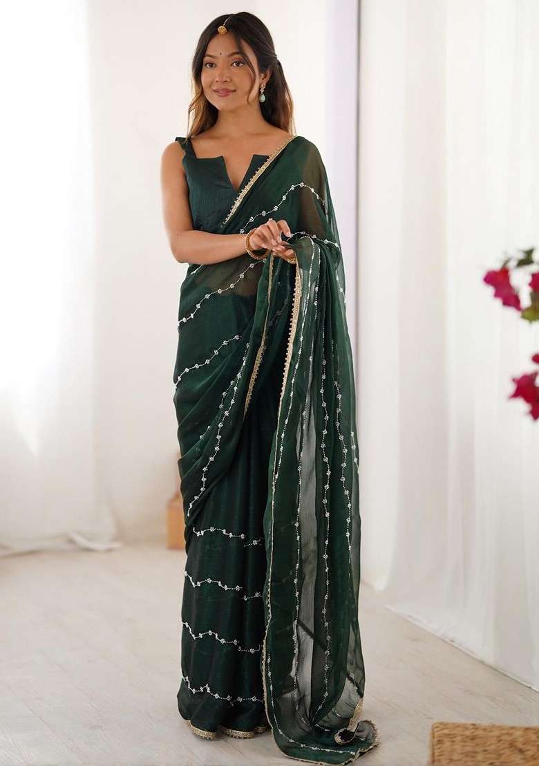 Green Embellished Blended Saree Set for Diwali | Wedding & Festive Wear - Indya