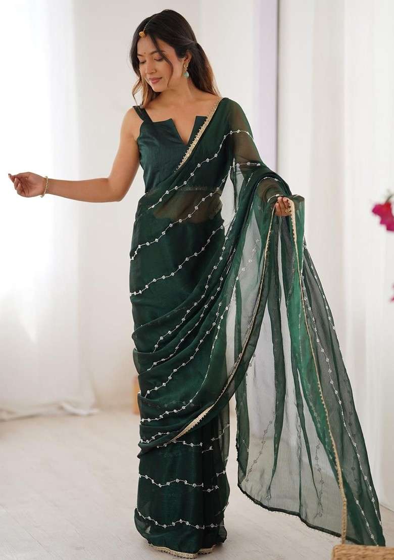 Green Embellished Blended Saree Set for Diwali | Wedding & Festive Wear - Indya