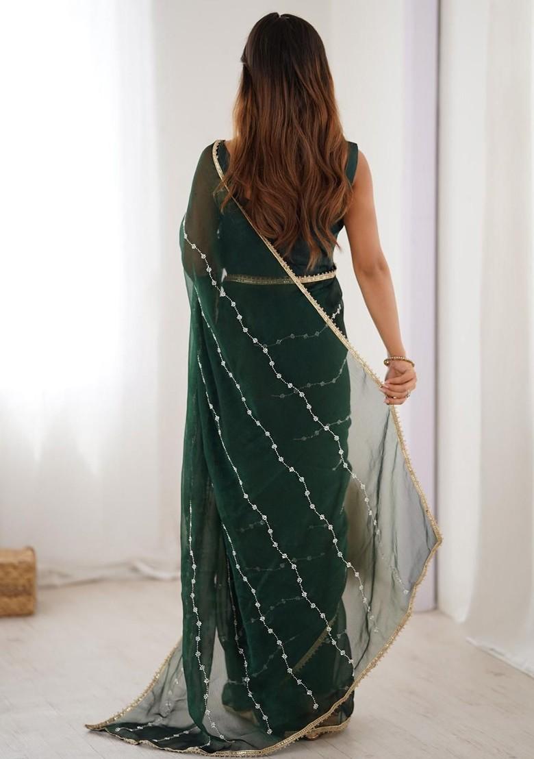 Green Embellished Blended Saree Set - Indya