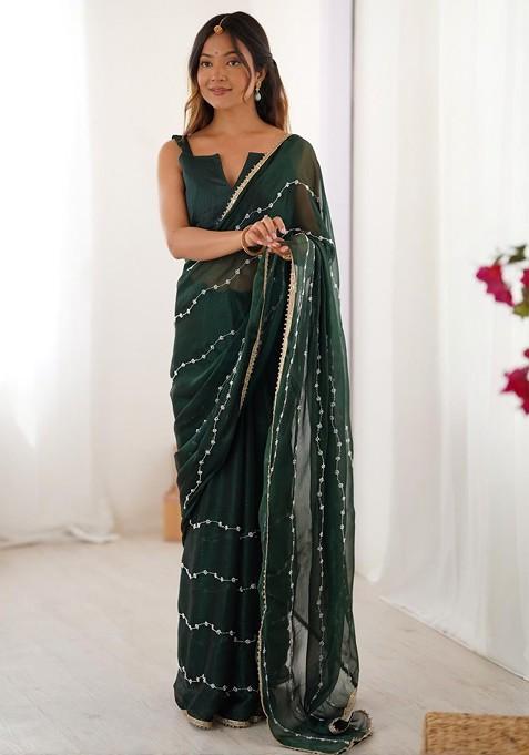 Green Embellished Blended Saree Set