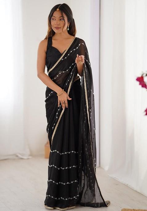 Black Embellished Blended Saree Set