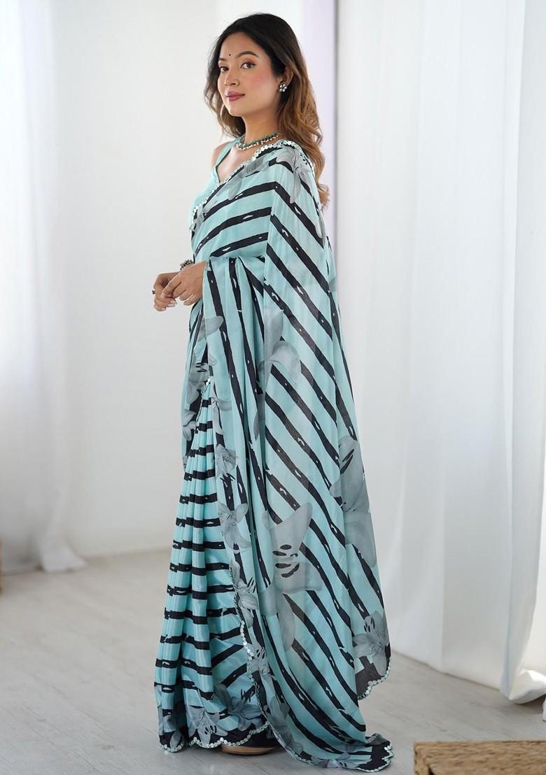 Green Embroidered Blended Saree Set - Indya